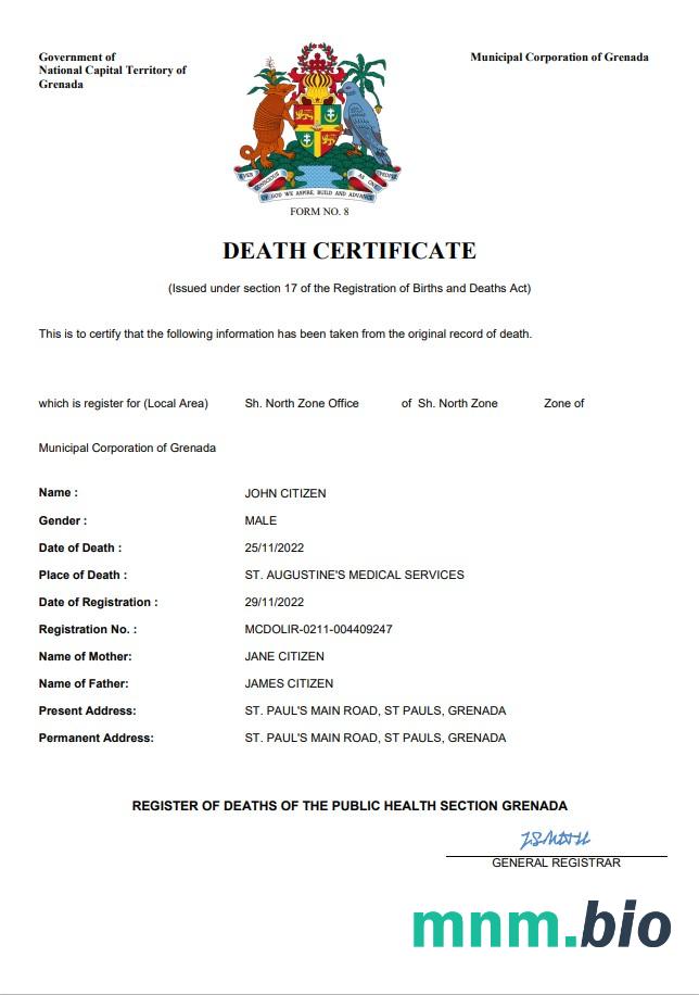 Grenada rekord życiowy śmierć certyfikat Word i PDF szablon